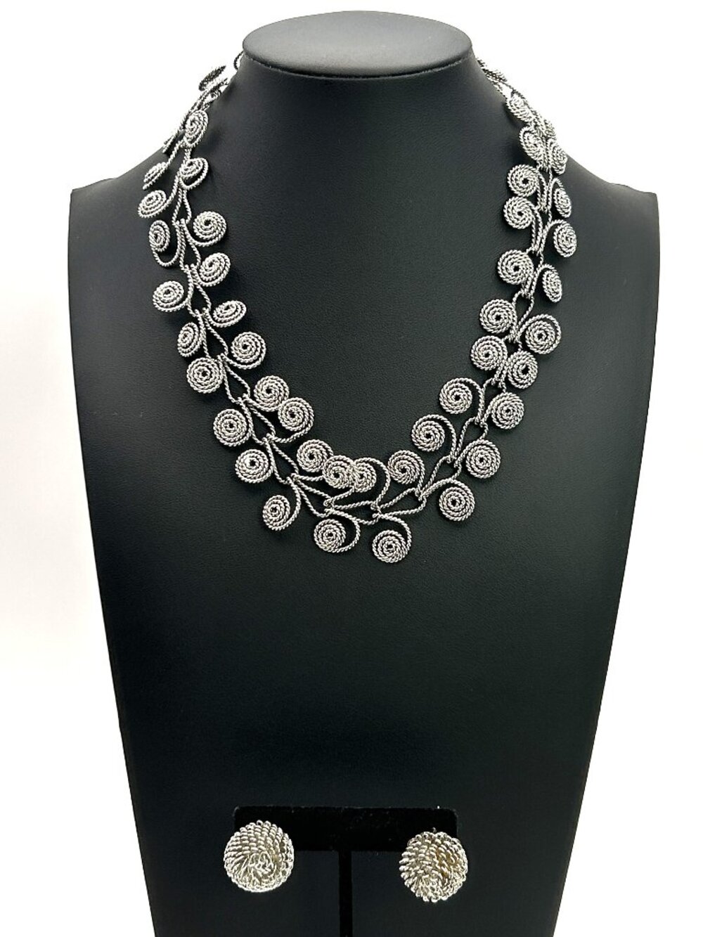 Spiral Wire Statement Necklace Earrings Set Boho Swirl Vine Chunky Silver Tone